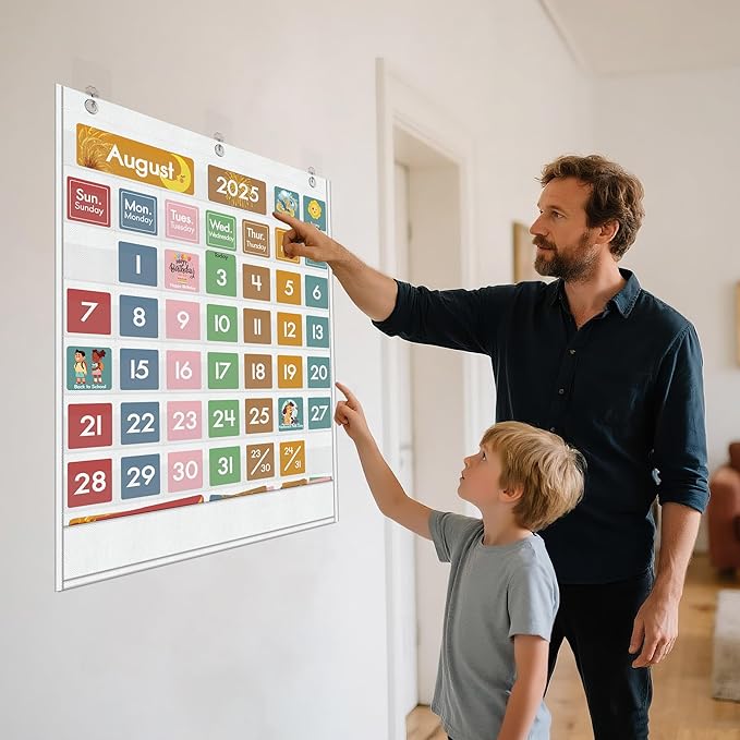 Yoink 49 Pockets Classroom Calendar Pocket Chart with 77 Cards, Daily Monthly Learning Calendar for Circle Time Weather Seasons, Preschool Kindergarten Homeschool Must Have, Teacher Supplies (White)