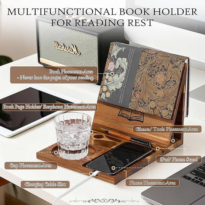 Book Holder Stand for Reading Rest, Wooden Foldable Book Rest with Book Page Holder, Cup, iPad & Phone Stand, Book Nook Reading Valet Desktop Triangle Bookstand Bookshelf for Readers Bookworms Gifts