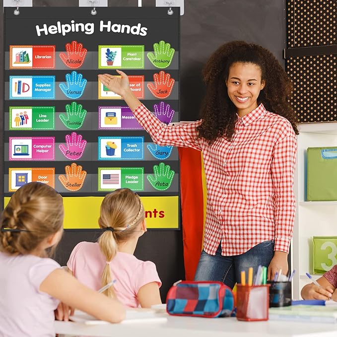 ABCxGOOD Helping Hands Pocket Chart,Classroom Jobs and Management Pocket Chart, Preschool Classroom Must Haves Supplies, Great for Classroom Homeschool. (Black) (Black, 29"*20.5")