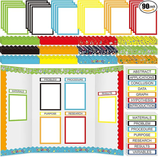 Fuyoooo 90 Pcs Science Fair Board Supplies 60 Trim Scalloped Bulletin Borders 24 Presentation Board Subtitles 6 Science Fair Titles for Classroom Display Boards (Colorful, Scientific Lab)