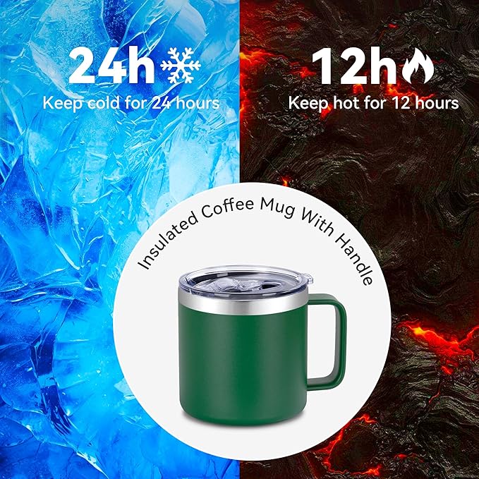 VEGOND 14 oz Insulated Coffee Mug Bulk with Handle, Stainless Steel Travel Coffee Mug with Lid, Double Wall Vacuum Metal Coffee Cup, Coffee Tumbler Powder Coated, Dark Green 4 Pack