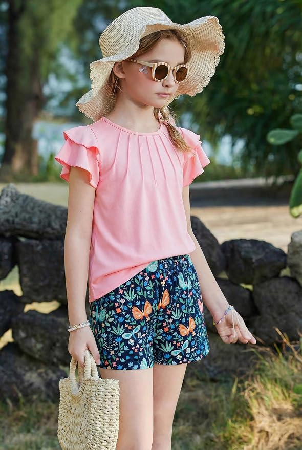 Arshiner Girls 2 Piece Outfits Summer Ruffle Sleeve Top and Paperbag Waist Shorts Set with Pockets Size 5-13 Years