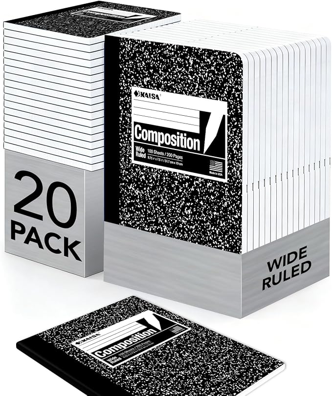 KAISA Hard Cover Composition Notebooks Wide Ruled 100 Sheets, 9.75x7.5inche Classic Black Marble Type, 20pads/Carton, HC10001W