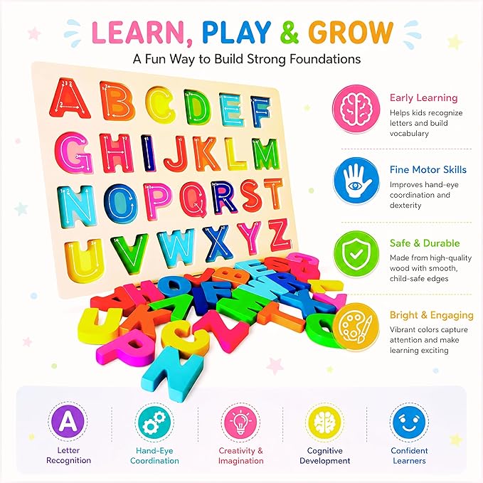 5-in-1 Wooden Puzzles for Toddlers 3-5 | Montessori Alphabet Number Shape Learning Toys | Magnetic Whiteboard, Flashcards & Markers | Preschool Educational Activity Kit | VYN & VYN (Rainbow)