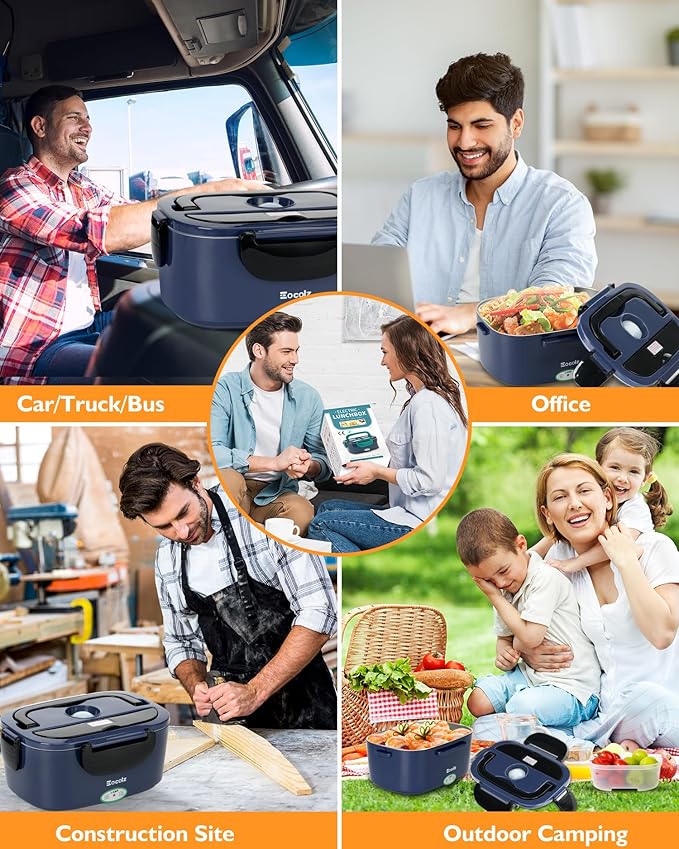Eocolz Electric Lunch Box Food Heater 80-100W, Food Warmer with Dual Container 1.5L Portable Heated Lunch Box for Car Truck Work Stainless Steel Fork & Spoon 12/24/110V for Adults Lonchera Eléctrica