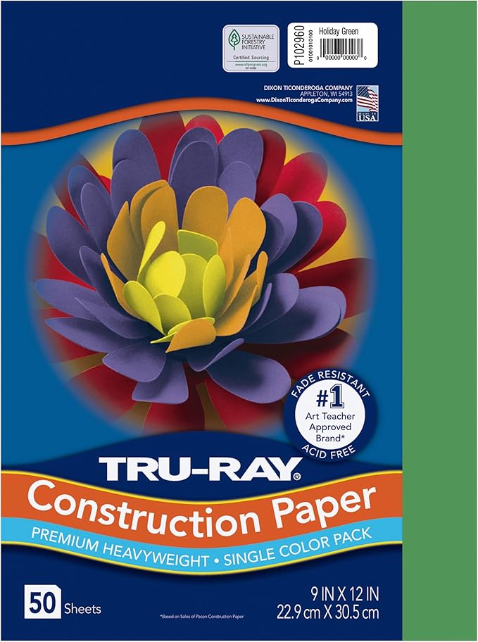 Tru-Ray Heavyweight Construction Paper, Holiday Green, 9" x 12", 50 Sheets