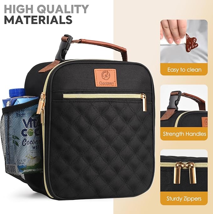 Genteen Lunch Box Reusable Lunch Bag for Men Women Kids Adults,Insulated Lunch Bag Waterproof Lunch Boxes Cooler,Small LunchBox With Side Pockets for Work Office School Travel Picnic-Black