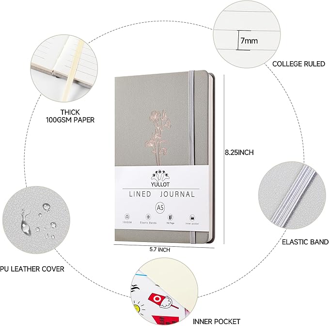 Lined Journal Notebook –A5 PU Leather Hardcover Notebook, 100gsm Thick Bleedproof Paper with Inner Pocket – 192Pages Lined Writing Journal for Students Women Note Taking - Light Gray