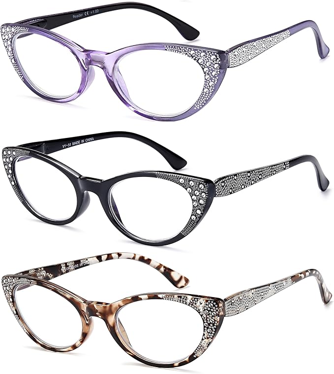 EYEURL 3-Pack Cat Eye Reading Glasses for Women Blue Light Glasses Fashion Computer Readers with Spring Hinge Anti-Glare Readers for Women 1.0