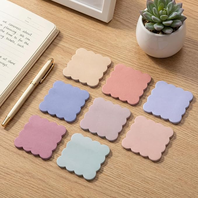 Eaasty 8 Pack Scalloped Aesthetic Sticky Notes Bulk Morandi Colors Cute Wavy Self Sticky Note Pads 3" x 3" Blank Note Pads for Back to School Office Supplies 240 Sheets