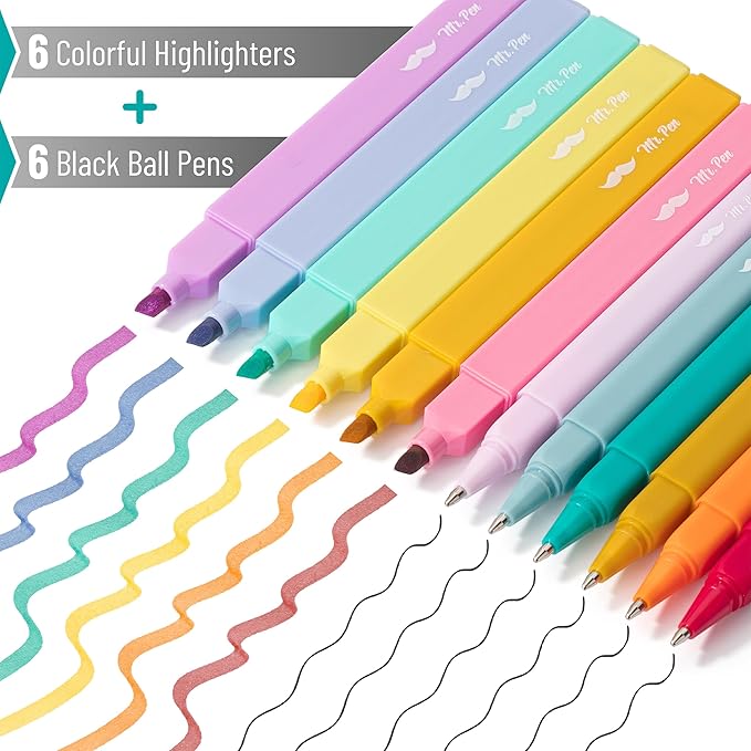 Mr. Pen- Aesthetic Highlighters and Ballpoint Pens No Bleed, 12 Pack, Summer Delight, Bible Highlighters and Pens No Bleed, Fast Dry and No Smear for Bible Journaling, Planner, School Supplies