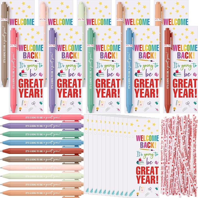 MotiMind 50 Set Welcome Back To School Supplies Gift Bulk Include Greeting Card with Tie and Inspirational Ballpoint Pen First Day of School Gift for Student Classmate Teacher Classroom (Cute Color)