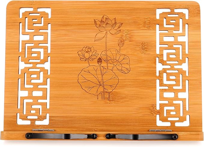MEGREZ Book Stand for Reading (13.2 x 9.4 inch) Bamboo Cookbook Stand Holder for Kitchen, Adjustable Book Holder Stand for Tablet/Textbook Holder/Hollow Bookrest Stand, Lotus Flower & Lotus Leaf