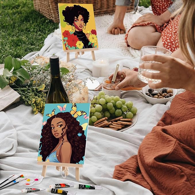 Cholemy 36 Pcs Paint and Sip Kit for Adults 8''x10'' Pre Drawn Canvas for Painting DIY Afro Acrylic Painting Kit Wood Easel Brushes Date Night Bulk for Father's Day Party Gifts(Flowers Woman)