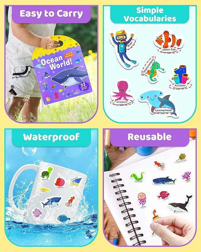 Benresive Reusable Sticker Book for Toddlers, Travel Stickers for Kids, Toddler Crafts Activities Toys, Birthday Gifts for Boys & Girls - Ocean World