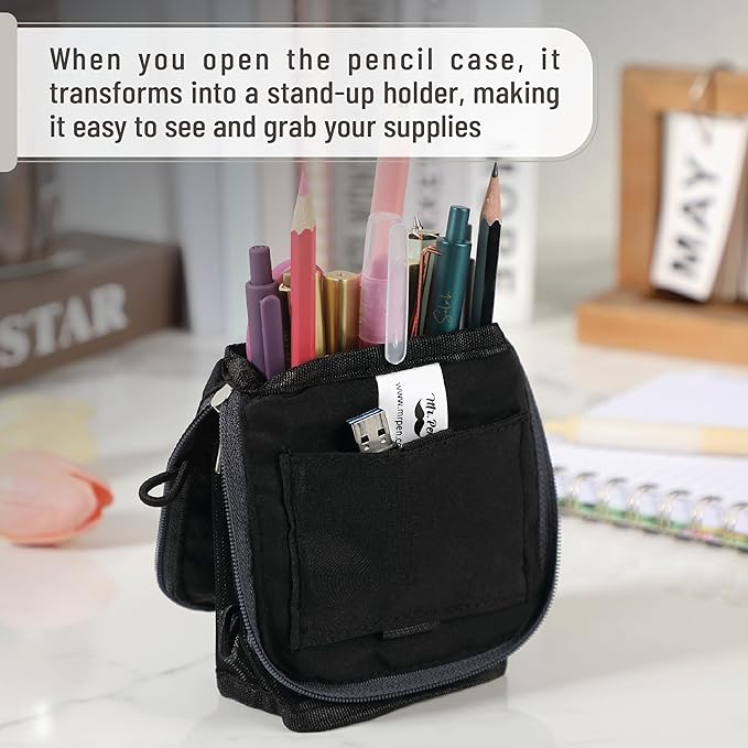 Mr. Pen- Standing Pencil Case Pouch, Sit & Lay Mesh-View Design, Black with Gray Zipper, Interior Pocket & 2 Elastic Binder Loops, Cute Pencil Case for Girls and Boys