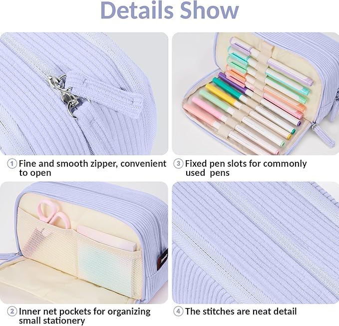 Sooez Big Capacity Pencil Case Pen Pouch, Soft Corduroy Pencil Bag with 3 Compartment, Multiple Pockets, Sturdy Zipper, Cute School Supplies Pen Bag Organizer For Teen Girls College, Blue