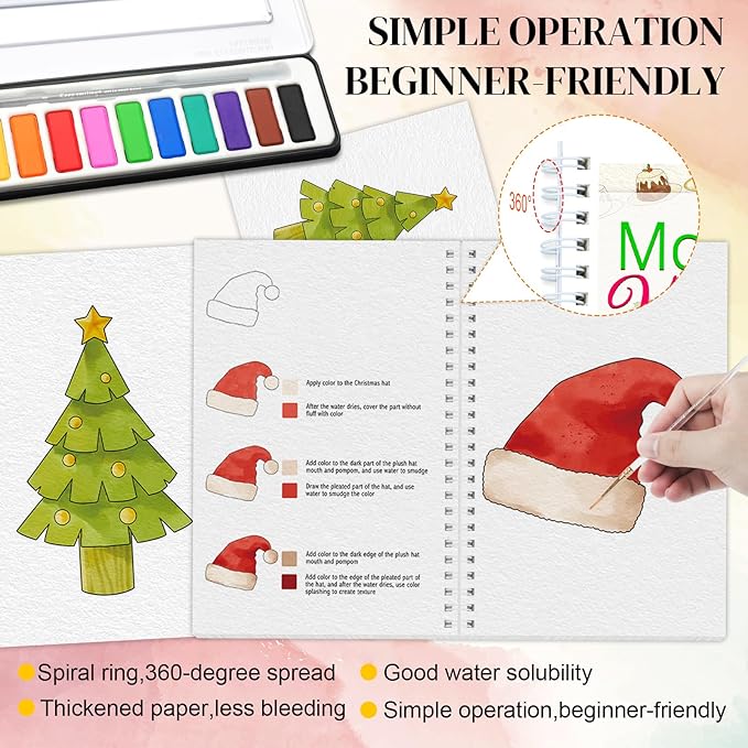 APOLYONE 2-Pack Beginner Watercolor Workbooks: 24 Coloring Pages + 12 Watercolor Paints + Brush – 300gsm/140lb Paper – Gift for Women, Adults & Beginners (Winter & Christmas)