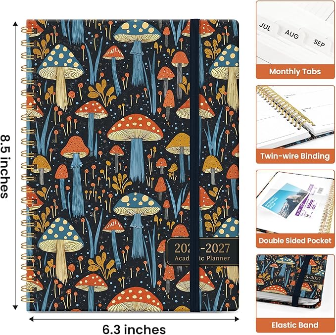 Planner 2026-2027, Academic Year Monthly and Weekly Calendar Planner, Jul 2026 - Jun 2027, Hardcover Teacher Student Planning Agenda book with Tabs, Perfect for School Office Supplies, 6.3" x 8.5" - Enchanted Mushrooms