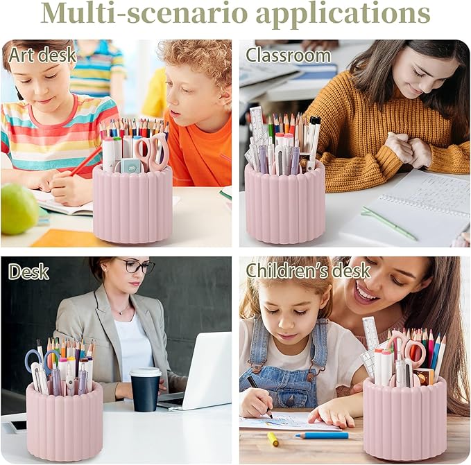 Anyoifax 360° Rotating Pen Holder 7 Slots Desk Organizer Removable Pencil Cup Plastic Art Supplies and Accessories Desktop Storage Box Caddy for Office, School, Home (Pink)