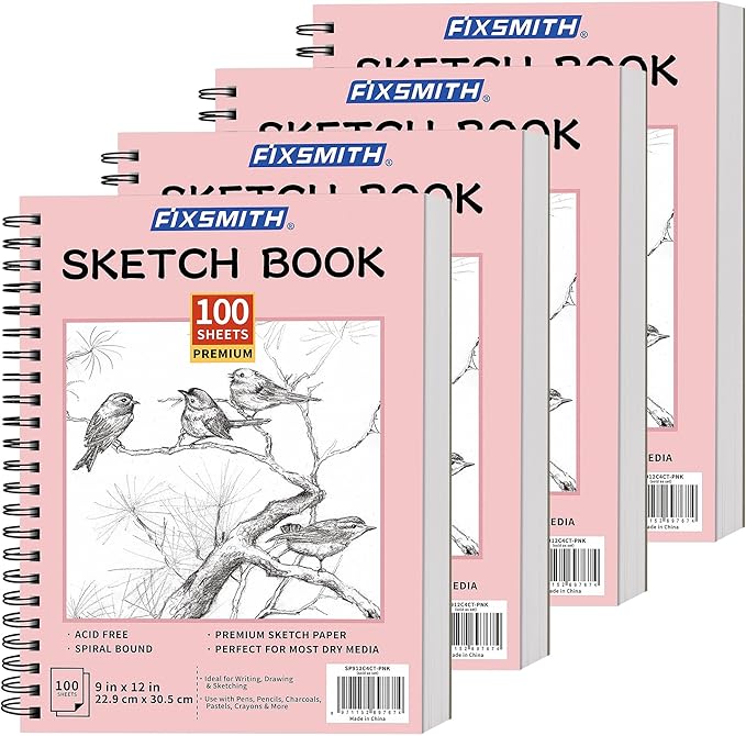FIXSMITH 9"X12" Pink Sketch Book, 400 Sheets (68 lb/100gsm) Spiral Sketchbook, Acid Free Drawing Paper, Sketch Pad for Beginners,Artists & Professionals, Bright White
