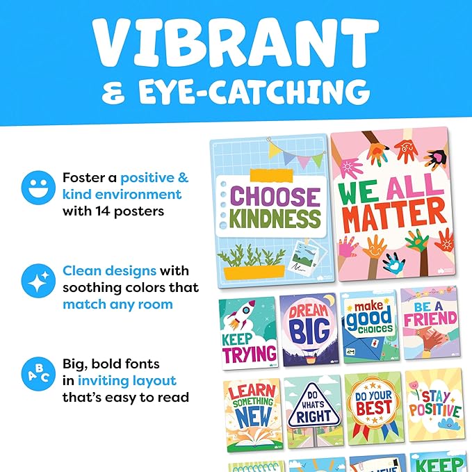 Motivational Posters for Classroom - 14pc Positive Inspirational Posters for Classroom Elementary Middle School High School - Positive Affirmation Wall Decor, Motivational Bulletin Board Decorations