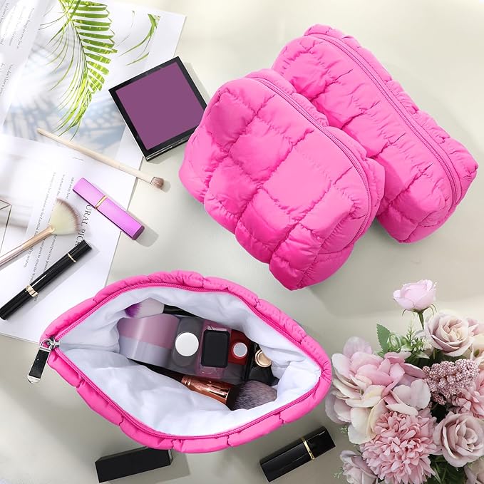 Huhumy 3 Pcs Puffy Makeup Bag Quilted Cosmetic Pouch for Women Cute Checkered Travel Toiletry Bag Puffer Makeup Organizer Purse Pouch Preppy Pencil Case with Zipper(Hot Pink)