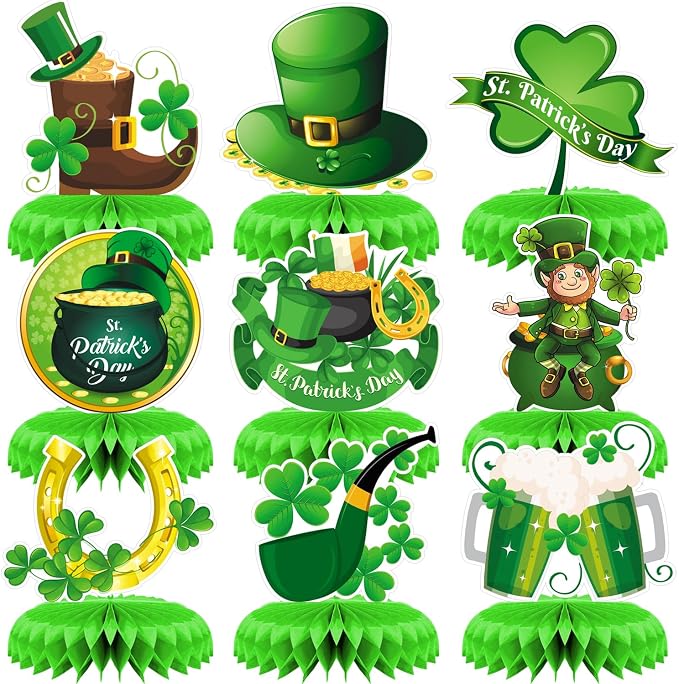 9Pcs St Patricks Day Table Decorations, Green St. Patrick's Day Honeycomb Centerpieces 3D St Patricks Day Decorations for Table Irish Shamrock Centerpiece for St Patricks Day Party Supplies