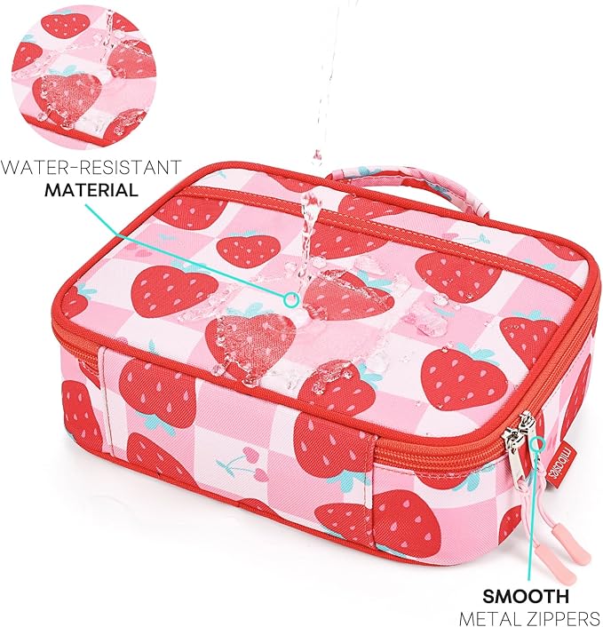 mibasies Kids Lunch Box for Girls Toddler, Insulated and Reusable Lunch Bag for School, Strawberry Checkerboard