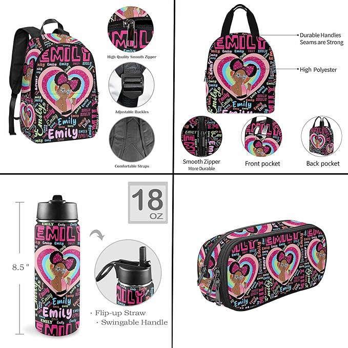 M YESCUSTOM Personalized School Backpack for Girls Kids Heart Rainbow Backpack with Lunch Box Lightweight Preschool Elementary Girls BookBags Set, Travel Daypack Shoulder Bag for Teenager
