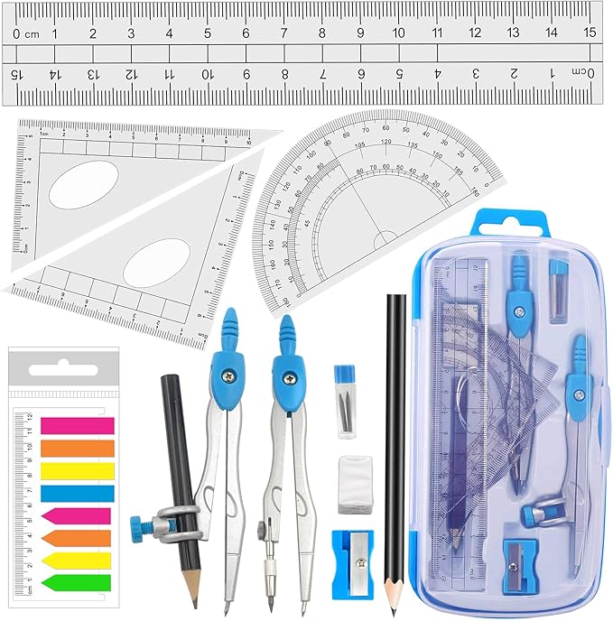 Akuoly Math Compasses Back-to-School Starter Geometry Kit with 2 Drafting Compasses Protractor Set Squares Ruler and More for Students Maths Study Homework, Blue Set with Carry Case