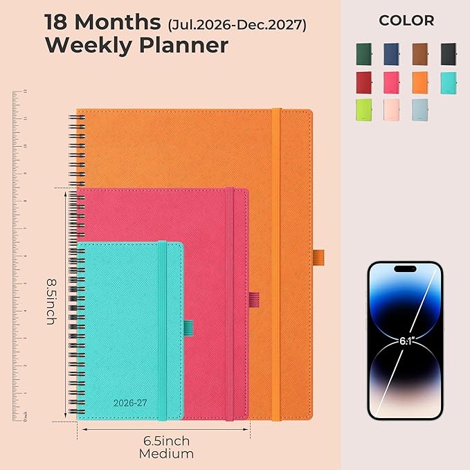Planner 2026-2027 Daily Weekly and Monthly,8.5"x6.5",18 Months Spiral Bound Calendar Agenda with Self-adhesive Pen Holder,2026 Academic Plan with Vegan Leather Soft Cover,Orange