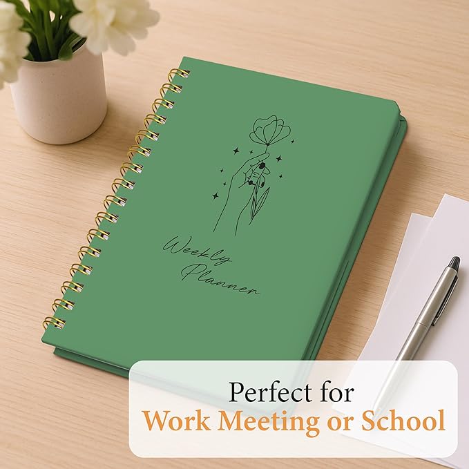 Undated Weekly Planner & Notebook for Work, School & Home - Aesthetic Hardcover Spiral Blank Planner with Habit Tracker, Goal Organizer & To Do List - 124 No-Bleed Pages, 6.4×8.5", Green