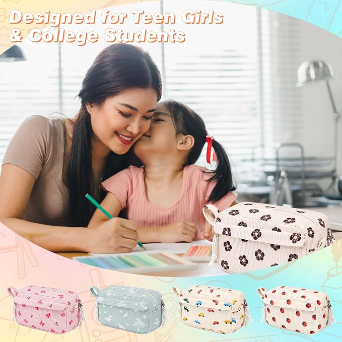 Big Capacity Pencil case,Soft Corduroy Pencil Bag with 3 Compartment,Pencil Pouch School Supplies Cute Pencil Box Pencil Bag for Teen Girls Boys College (Brown Floral)