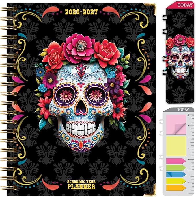 HARDCOVER Academic Year 2026-2027 Planner: 14 Months (May 2026 Through June 2027) 8.5"x 11" Daily Weekly Monthly Planner Yearly Agenda. Bookmark, Pocket Folder and Sticky Note Set (Sugar Skull)