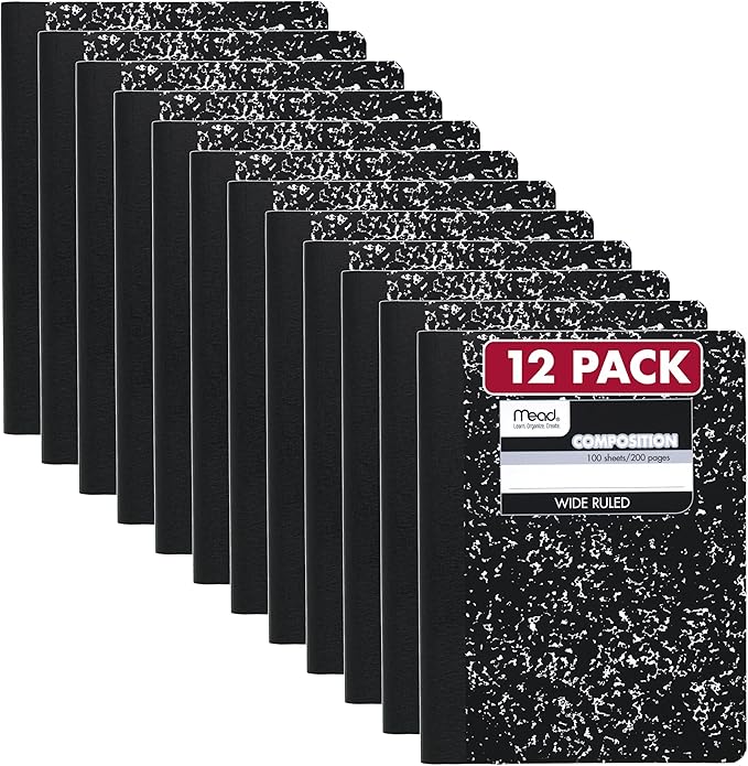 Mead Composition Notebook, Wide Ruled Paper, 7.5" x 9.75", 100 Sheets, Black Marble, 12 Pack (72936)