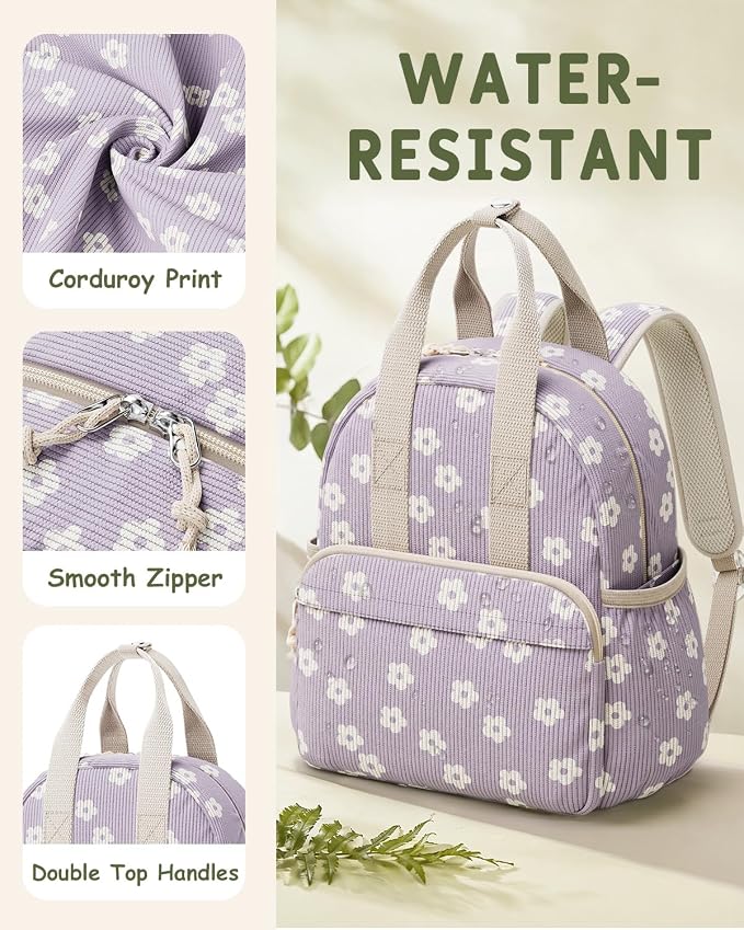 Corduroy Toddler Backpack for Preschool Boys Girls Ages 2-4 | 12 Inch Water-Resistant Small Kids Backpack for School & Travel, Lightweight Daycare Bookbag(Medium,Purple Floral)