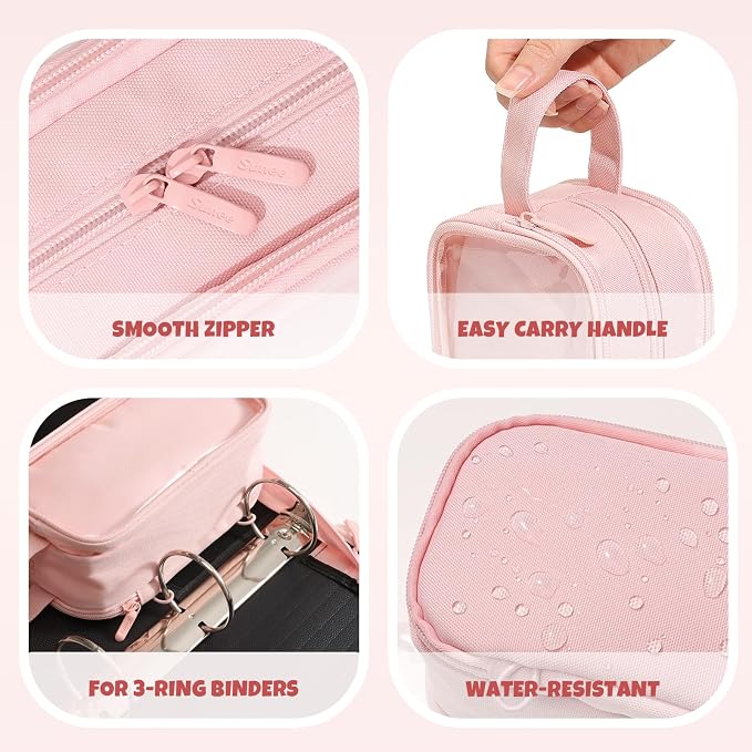 SUNEE Large Capacity Pencil Case with 3 Compartment, Extra Big Pencil Pouch, Pencil Bag with Clear Window, Pen Case School Supplies for Teens Adults Girls,Pink