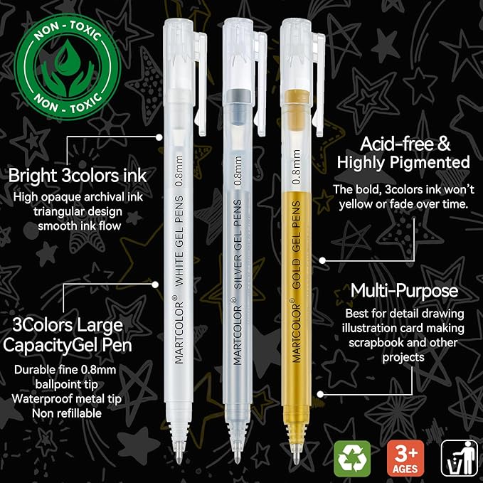 MARTCOLOR Gold Silver White Gel Pens, 0.8mm Extra Fine Point Opaque Archival Ink Pen for Black Paper Drawing, Art Highlight, Illustration, Bullet Journaling, Card Making & DIY Projects, 3 Pack
