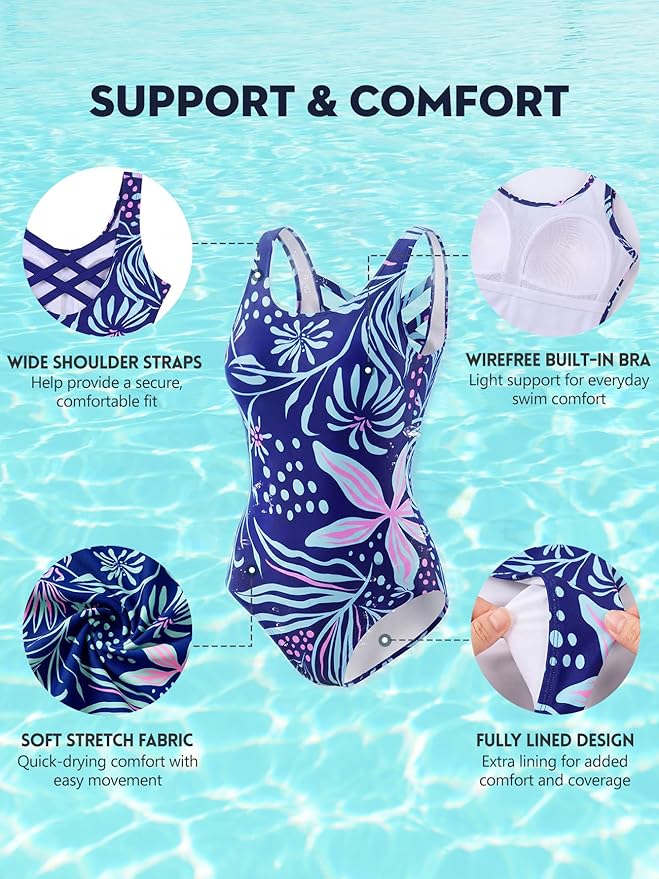 Modest Full Coverage One Piece Swimsuit Floral Bathing Suit Criss Cross Back Swimwear with Built-in Bra