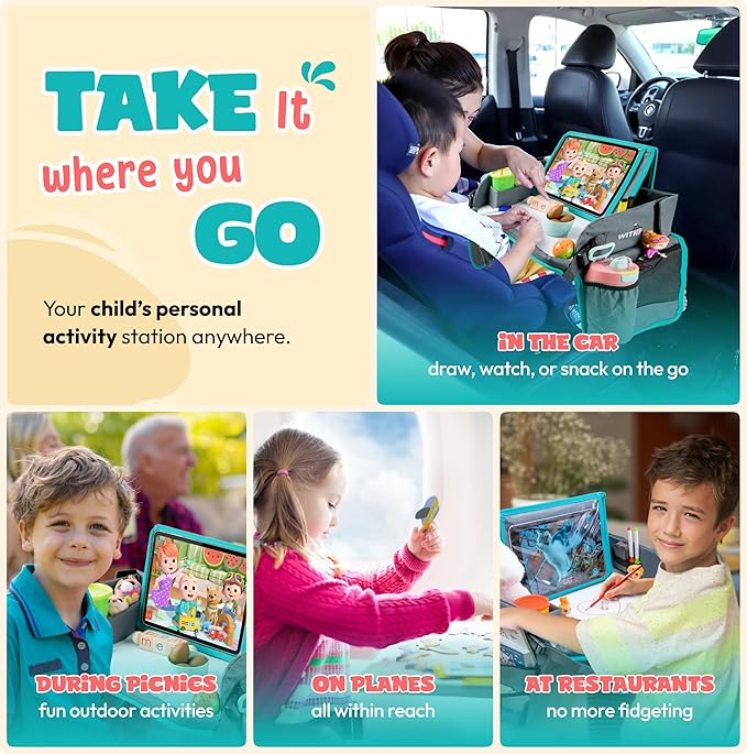 Kids Travel Tray with Dry Erase Board WITRIP- Car Seat Tray for Kids Travel, Carseat Table Top for Toddler, Lap Desk for Car Seat, Activity Organizer & Snack Holder,Road Trip Essentials for Kid (Aqua)