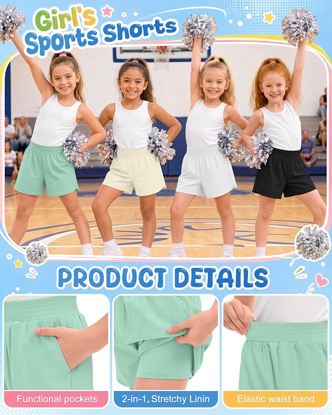 4 Pack Girls Athletic Shorts 2 in 1 Quick Dry High Waist Tween Shorts with Liner Kids Back to School Running Shorts