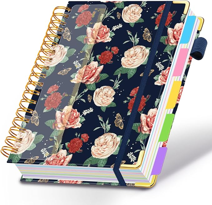 Spiral Journal Notebooks for Work, 300 Pages 5 Subject Notebook College Ruled with Dividers & Tabs, A4 Notebook Journal for Women Students Note-Taking and Organizer (Velvet Bloom)