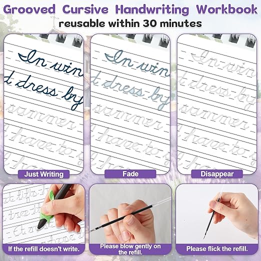 gisgfim Grooved Cursive Handwriting Workbook Magic Reusable Grooved Cursive Handwriting Practice Guided Tracing with Disappearing Ink Pens for Beginners Kids Learning Activities Supplies (Poems)