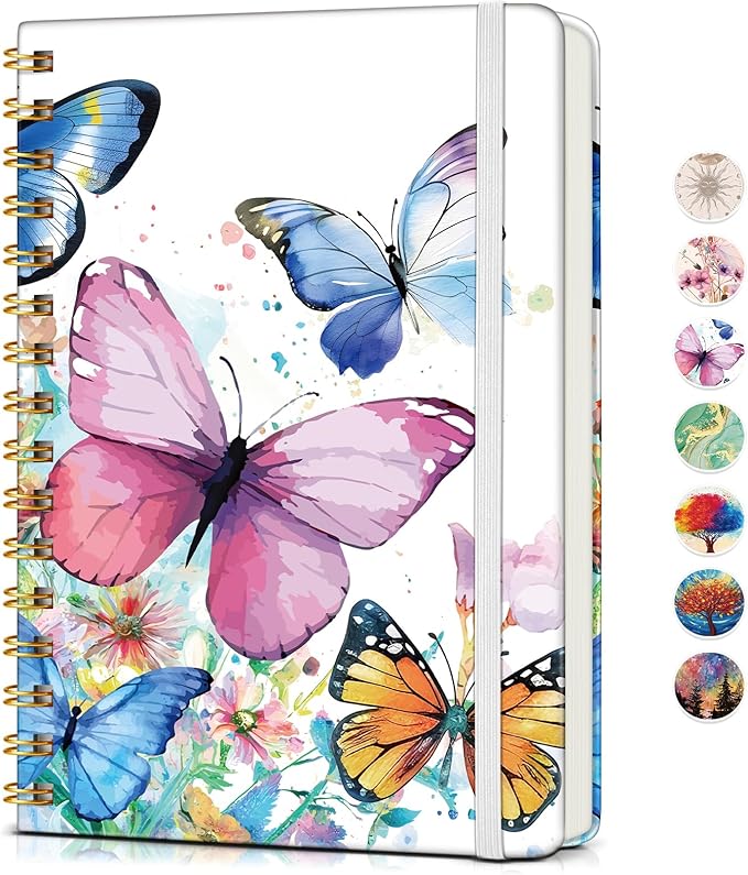 Lined Spiral Journal Notebook for Women, A5 Cute Hardcover Spiral Journals for Writing, 150 Pages Pretty College Ruled Notebooks for Work & Note Taking, 5.75" x 8.38", Butterflies in the Blooms