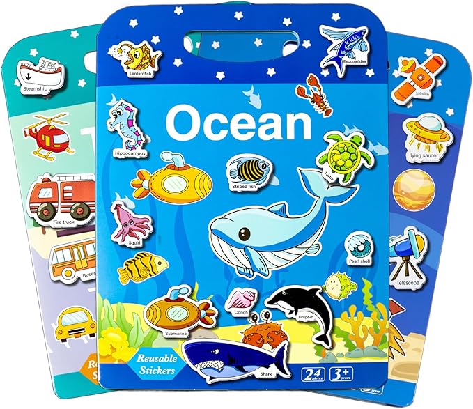 Reusable Sticker Books for Toddlers 1-3, Puffy Stickers Book for Kids Ages 2-4, Toddler Travel Essential Activities Toys for Boys Girls Birthday Christmas - Ocean, Vehicles and Space (3 Set)