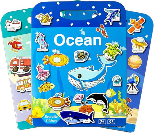 Reusable Sticker Books for Toddlers 1-3, Puffy Stickers Book for Kids Ages 2-4, Toddler Travel Essential Activities Toys for Boys Girls Birthday Christmas - Ocean, Vehicles and Space (3 Set)