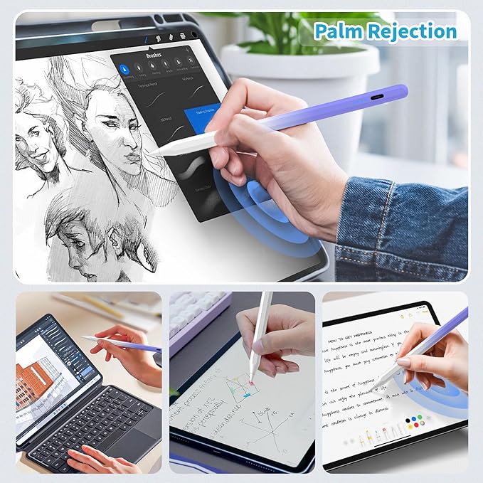 Stylus Pen for iPad,(2018-2026) Fast Charge with Tilt Sensitivity & Palm Rejection Compatible with iPad Pro 11"/12.9", iPad mini 5/6, iPad Air 3/4/5, iPad 6/7/8/9/10 (White Purple)