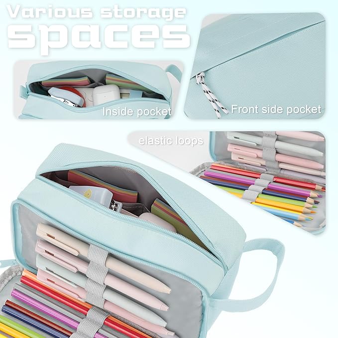 Yeplan Mint Green Pencil Case with Handle,Large Capacity Pencil Pouch | 3 Compartments Pencil Bag,Cute Pencil Case with Zipper,Stationery Storage for Teen and Adult,Pencil Case For Girls