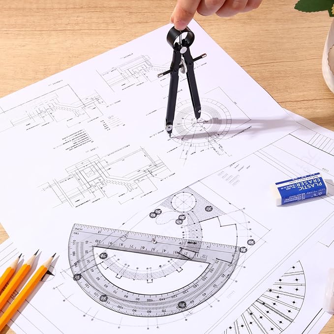 EBOOT Student Geometry Math Set, Metal Drawing Compass and 6 Inch Clear Swing Arm Protractors 180 Degree Math Protractor(Black and Black)